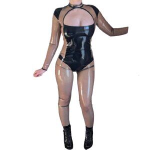 💖 Real Latex Catsuit Paneled Black and Transparent Gray Large 💖